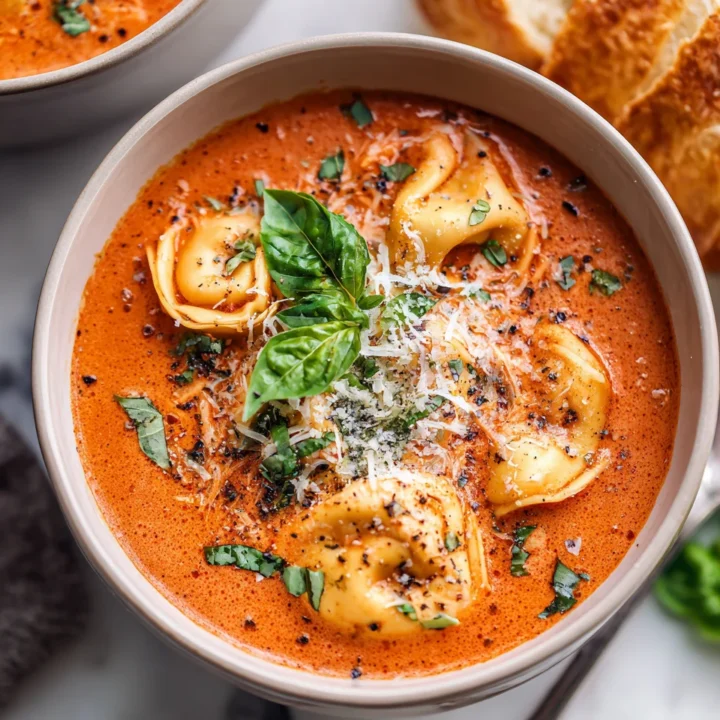 One-Pot Creamy Tomato Tortellini Soup with fresh basil and grated Parmesan in a bowl