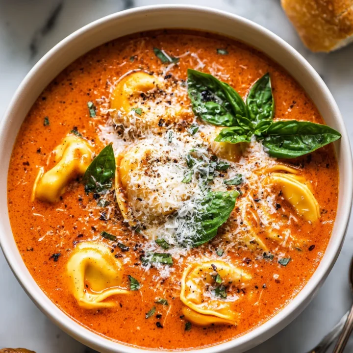 One-Pot Creamy Tomato Tortellini Soup with fresh basil and grated Parmesan in a bowl