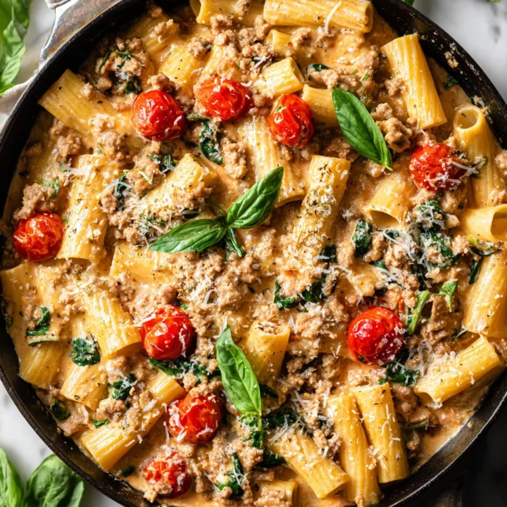 Creamy Tuscan-inspired rigatoni with pork mince showcasing rich flavors and autumn warmth, perfect for family gatherings.