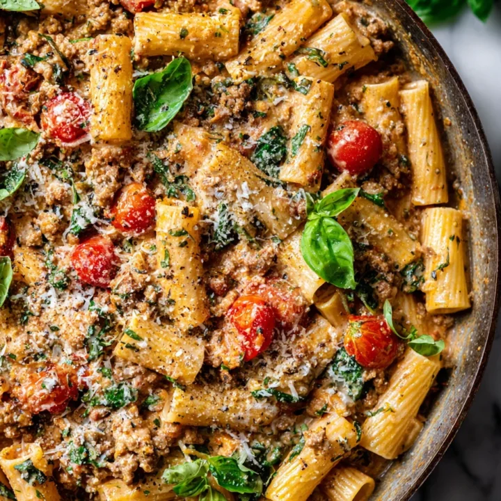 Creamy Tuscan-inspired rigatoni with pork mince showcasing rich flavors and autumn warmth, perfect for family gatherings.