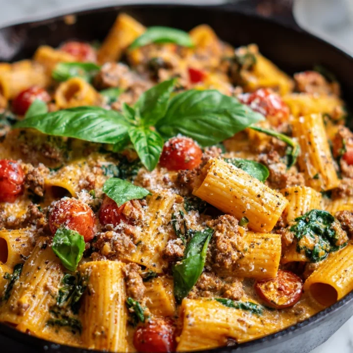 Creamy Tuscan-inspired rigatoni with pork mince showcasing rich flavors and autumn warmth, perfect for family gatherings.