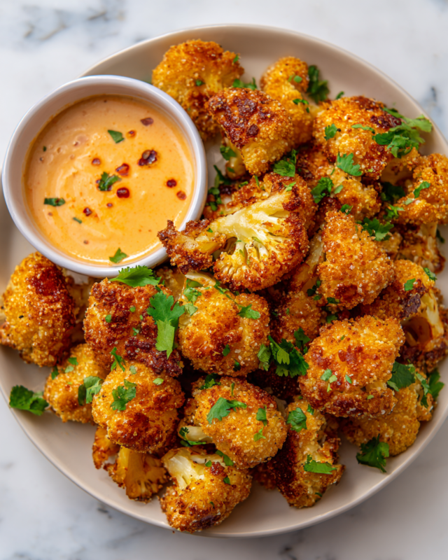 Crispy Baked Cauliflower Bites served with spicy Chilli Mayo for dipping, a healthy holiday appetizer.