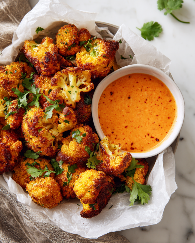 Crispy Baked Cauliflower Bites served with spicy Chilli Mayo for dipping, a healthy holiday appetizer.