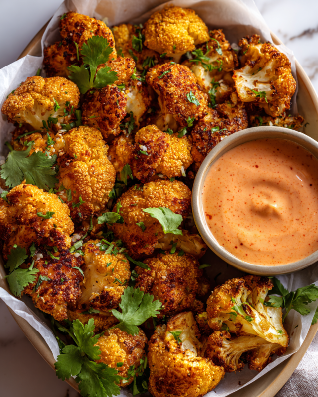 Crispy Baked Cauliflower Bites served with spicy Chilli Mayo for dipping, a healthy holiday appetizer.