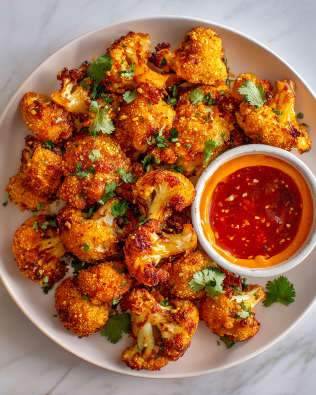 Crispy Baked Cauliflower Bites served with spicy Chilli Mayo for dipping, a healthy holiday appetizer.