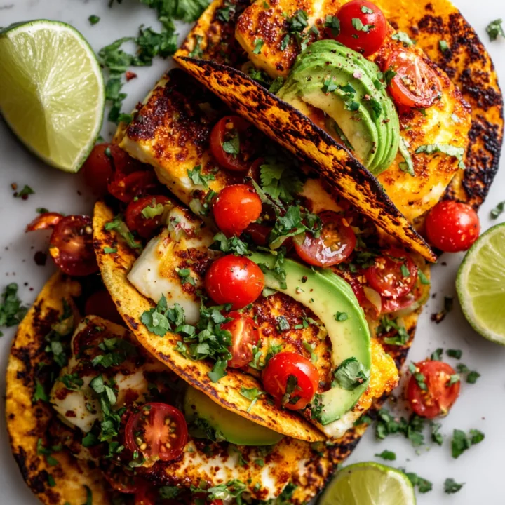 Crispy halloumi tacos topped with avocado and cilantro