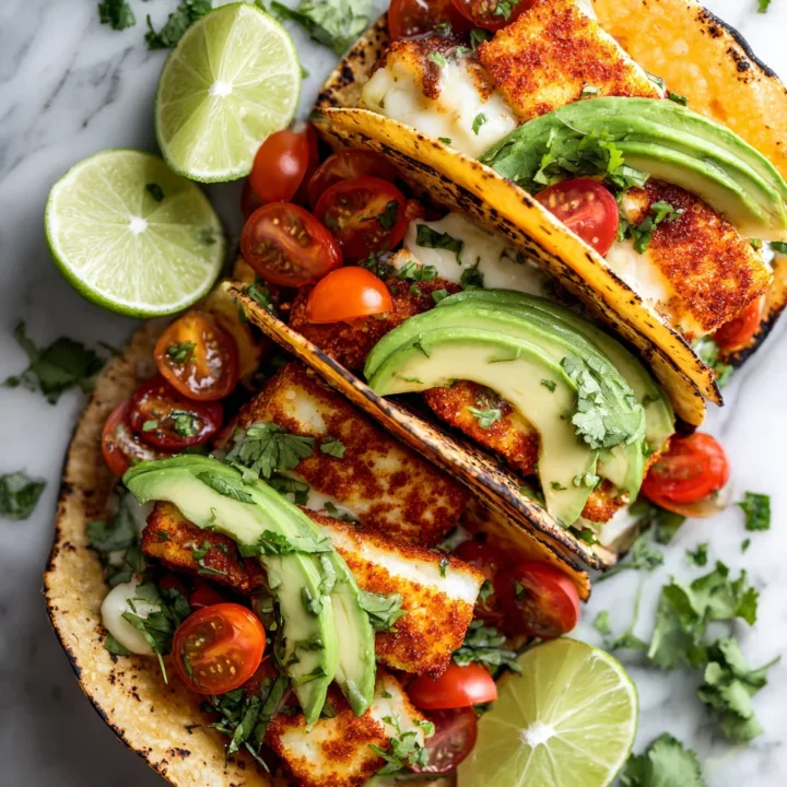 Crispy halloumi tacos topped with avocado and cilantro