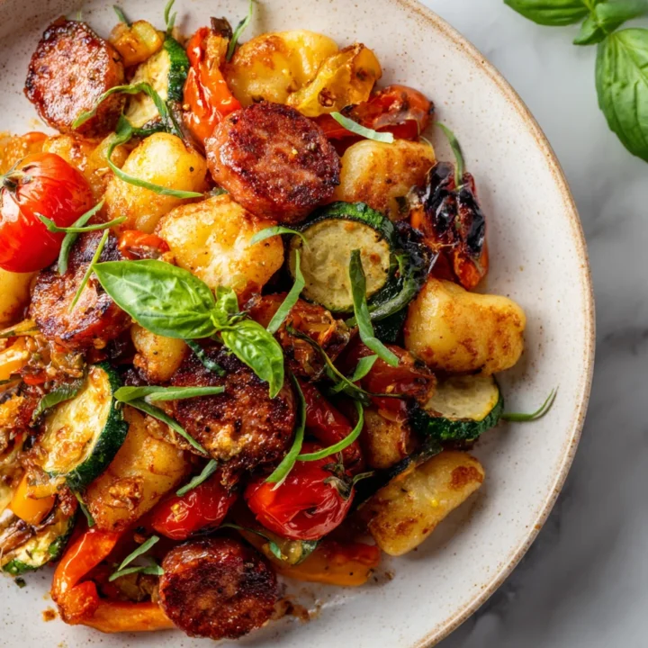 Crispy roasted gnocchi with chorizo and vegetables, a delicious one-pan meal perfect for autumn gatherings.