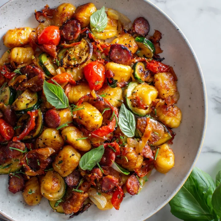 Crispy roasted gnocchi with chorizo and vegetables, a delicious one-pan meal perfect for autumn gatherings.