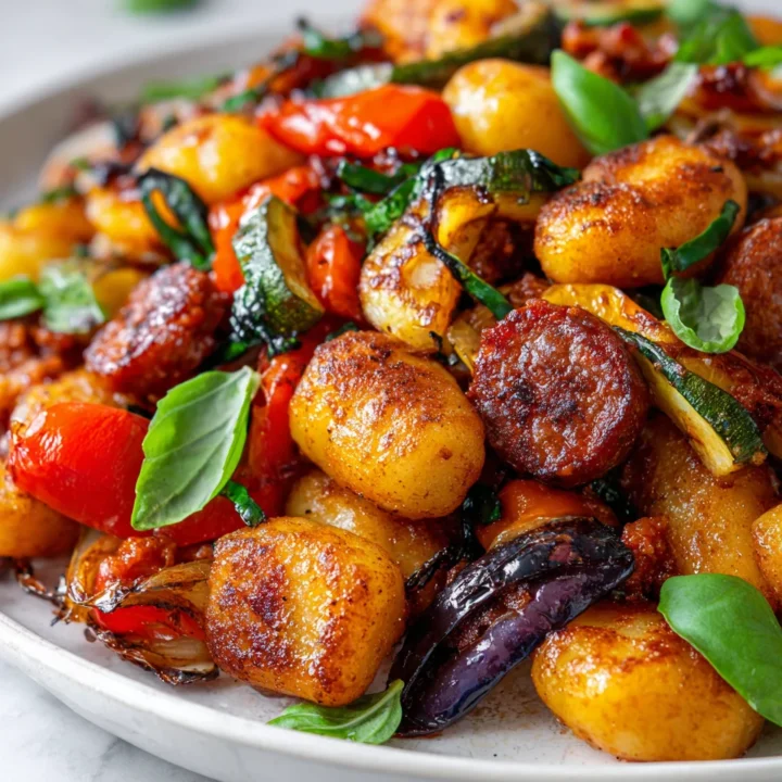 Crispy roasted gnocchi with chorizo and vegetables, a delicious one-pan meal perfect for autumn gatherings.