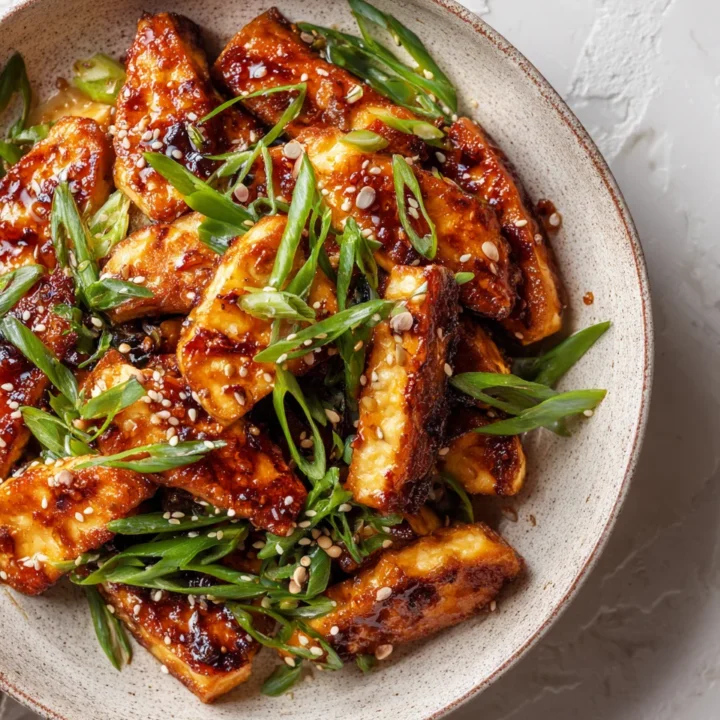 Crispy pan-fried soy tofu served with garnish, a perfect vegan dish packed with umami flavor.