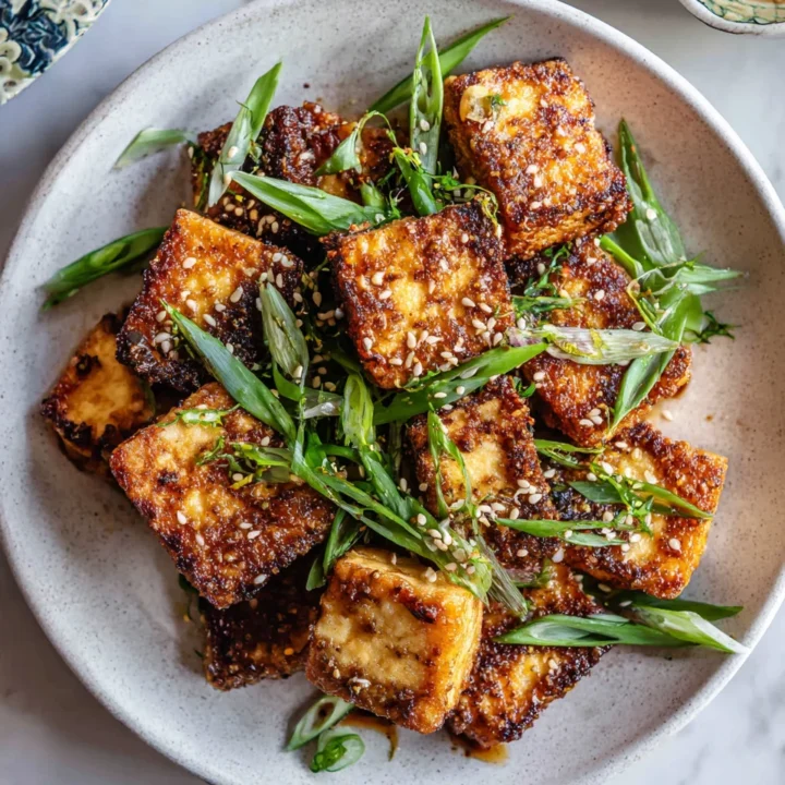 Crispy pan-fried soy tofu served with garnish, a perfect vegan dish packed with umami flavor.