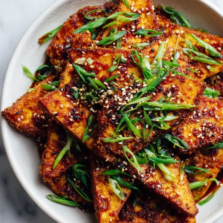 Crispy pan-fried soy tofu served with garnish, a perfect vegan dish packed with umami flavor.