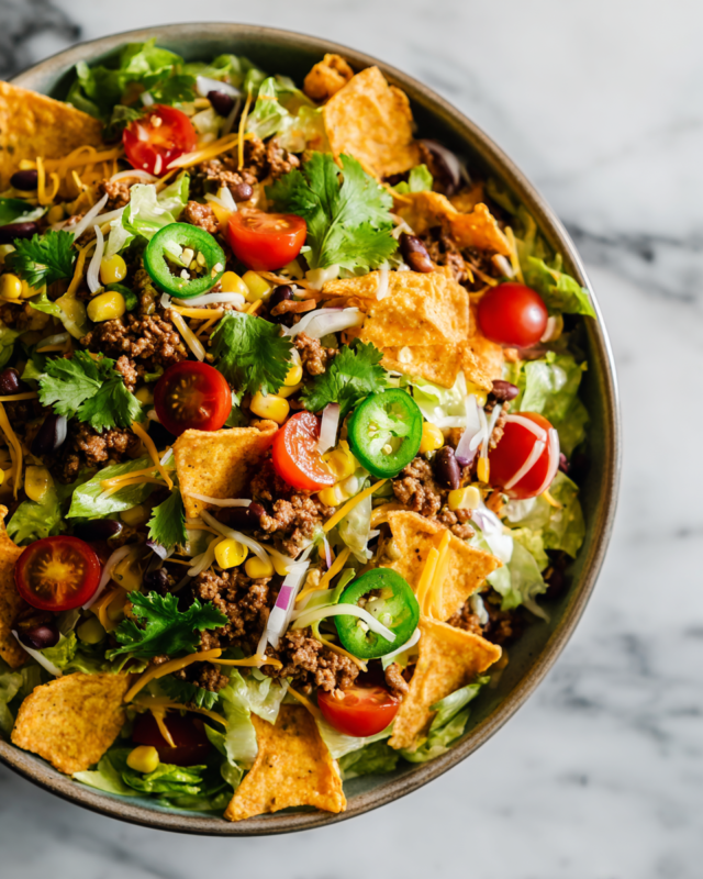Delicious Dorito Taco Salad with seasoned beef, fresh veggies, and crunchy chips, ideal for gatherings and meal prep.