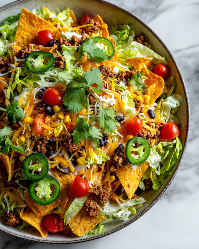 Delicious Dorito Taco Salad with seasoned beef, fresh veggies, and crunchy chips, ideal for gatherings and meal prep.