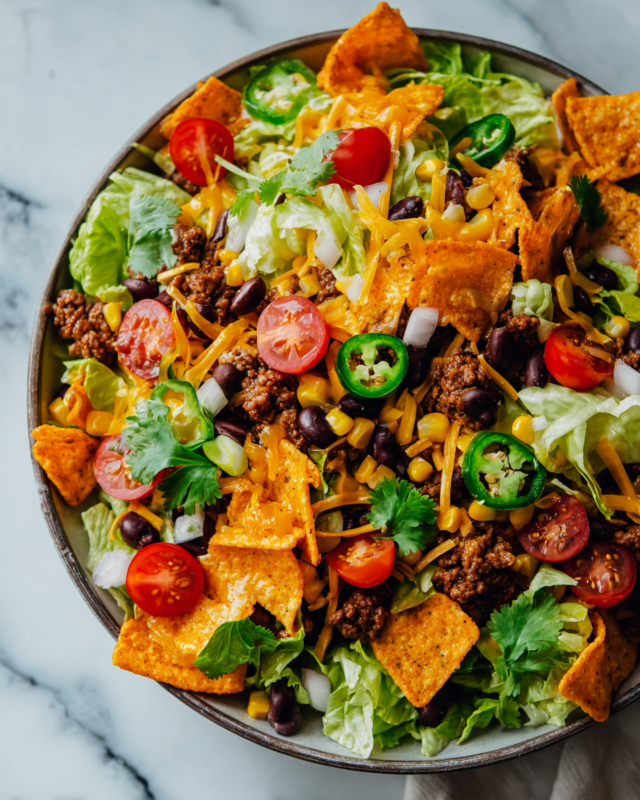 Delicious Dorito Taco Salad with seasoned beef, fresh veggies, and crunchy chips, ideal for gatherings and meal prep.