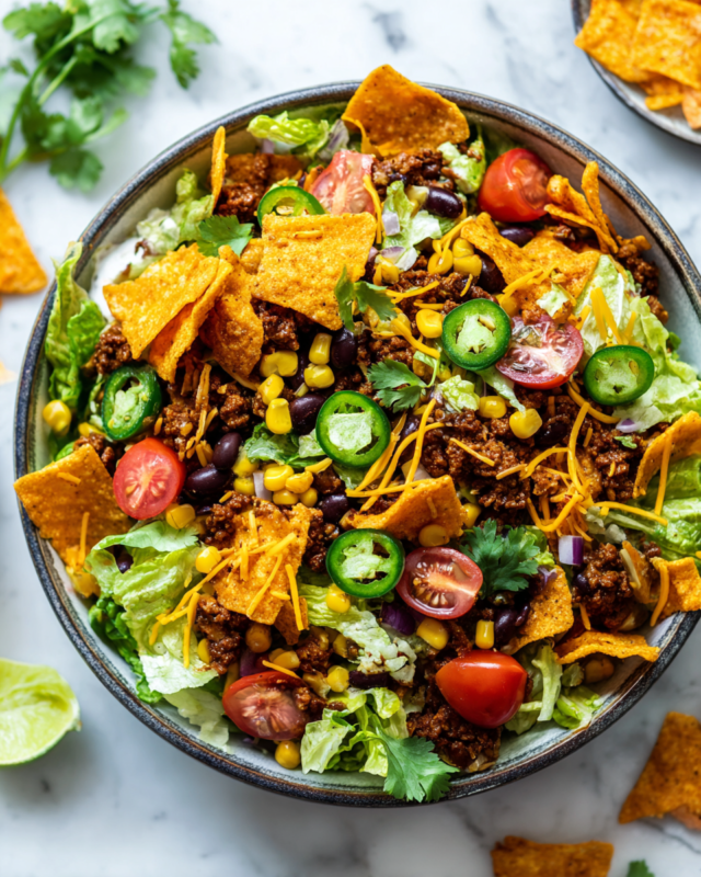 Delicious Dorito Taco Salad with seasoned beef, fresh veggies, and crunchy chips, ideal for gatherings and meal prep.