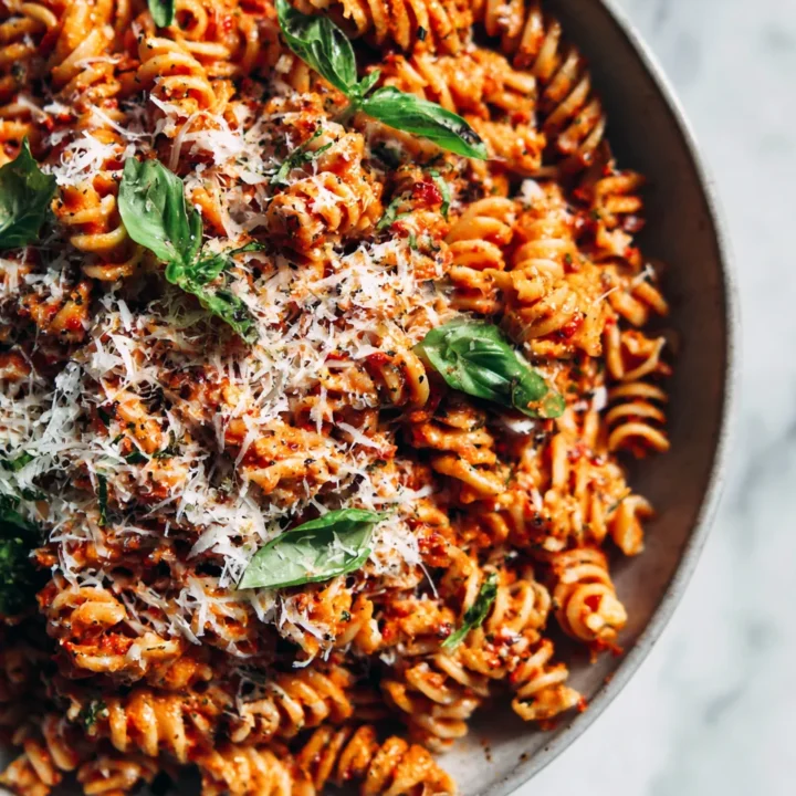 Easy Red Pesto Pasta with Roasted Red Peppers and Nuts