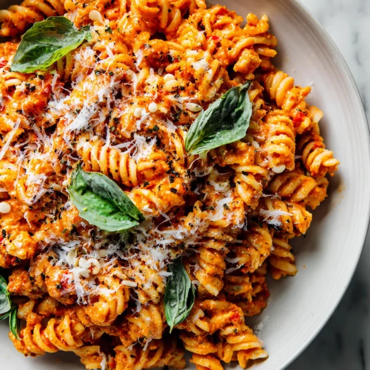 Easy Red Pesto Pasta with Roasted Red Peppers and Nuts