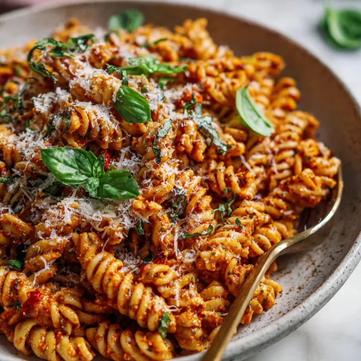 Easy Red Pesto Pasta with Roasted Red Peppers and Nuts