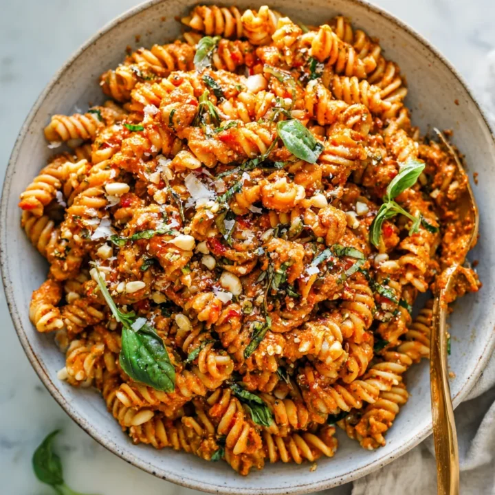 Easy Red Pesto Pasta with Roasted Red Peppers and Nuts