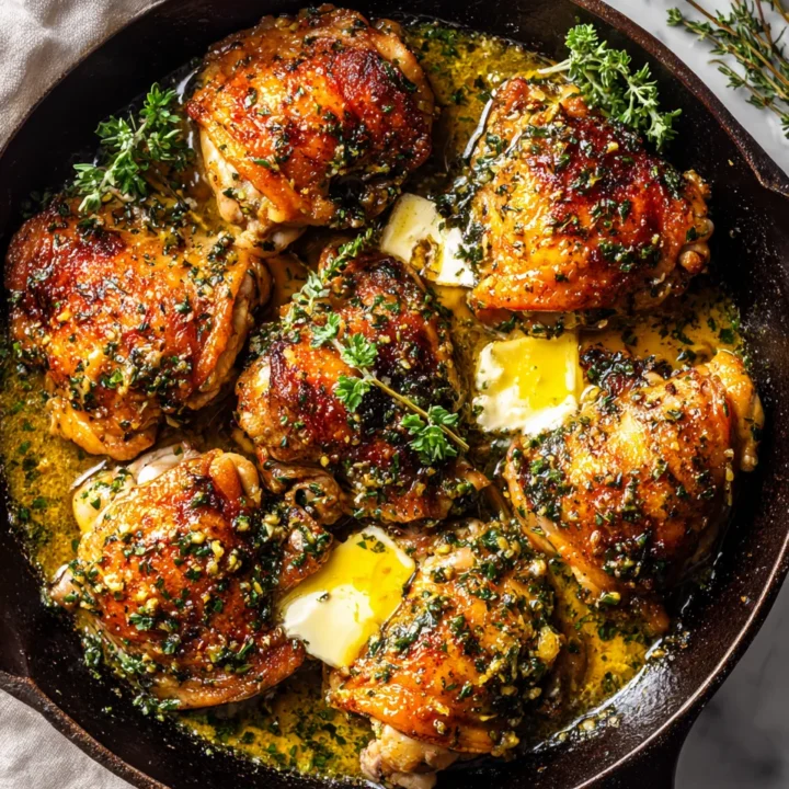 Savory garlic butter chicken thighs baked to perfection, bursting with flavor and aromatic herbs for a cozy dinner.