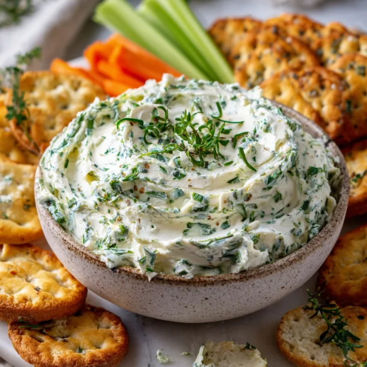 Creamy garlic and herb cream cheese spread, perfect for holiday gatherings, served on crackers with fresh herbs and garlic.
