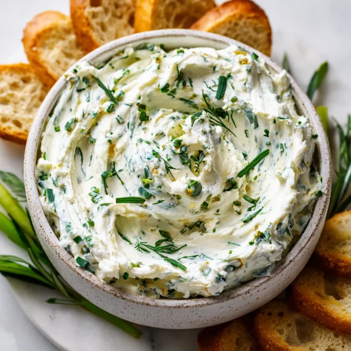 Creamy garlic and herb cream cheese spread, perfect for holiday gatherings, served on crackers with fresh herbs and garlic.