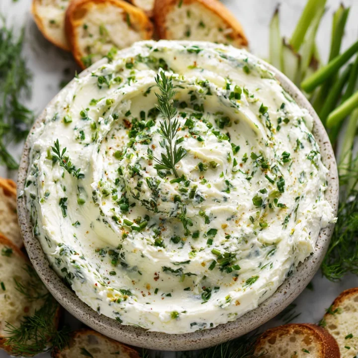 Creamy garlic and herb cream cheese spread, perfect for holiday gatherings, served on crackers with fresh herbs and garlic.