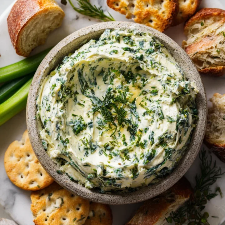 Creamy garlic and herb cream cheese spread, perfect for holiday gatherings, served on crackers with fresh herbs and garlic.