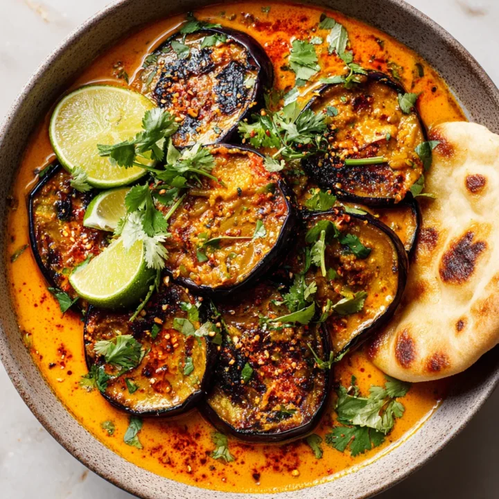 The Smoky Delight of Grilled Aubergine Curry Grilled aubergine curry showcasing smoky and vibrant flavors, perfect for cozy dinners and gatherings.