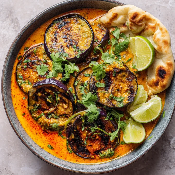 The Smoky Delight of Grilled Aubergine Curry Grilled aubergine curry showcasing smoky and vibrant flavors, perfect for cozy dinners and gatherings.