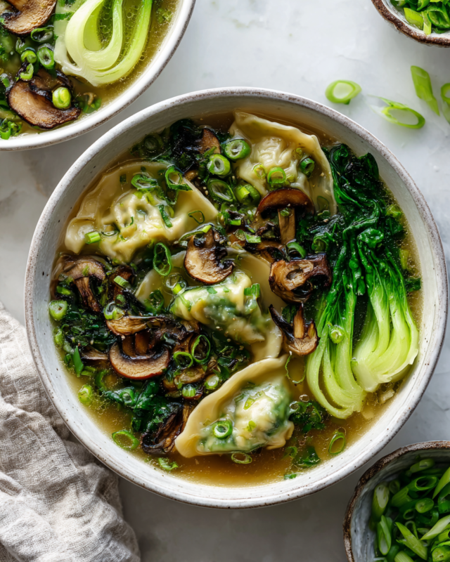 Bowl of Gyoza Soup with dumplings, bok choy, and shiitake mushrooms in chicken broth