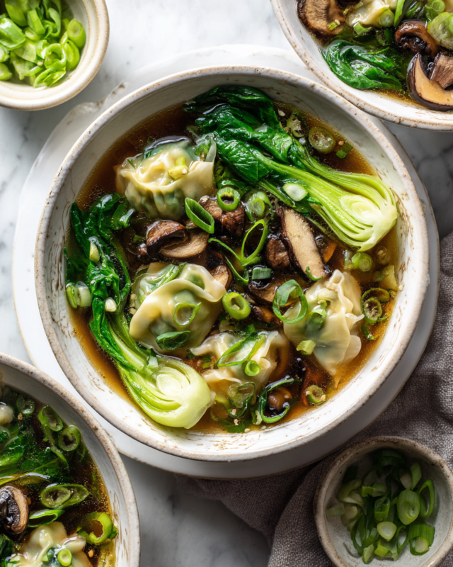 Bowl of Gyoza Soup with dumplings, bok choy, and shiitake mushrooms in chicken broth