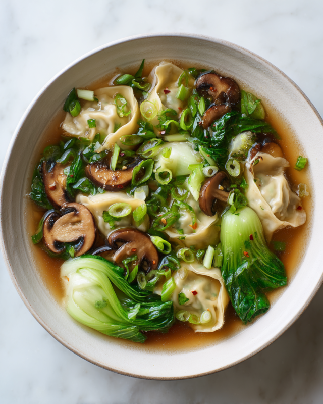 Bowl of Gyoza Soup with dumplings, bok choy, and shiitake mushrooms in chicken broth