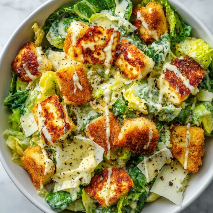 A serve of delicious Halloumi Caesar Salad featuring crispy halloumi, fresh romaine, and zesty dressing, appealing for festive or light meals.