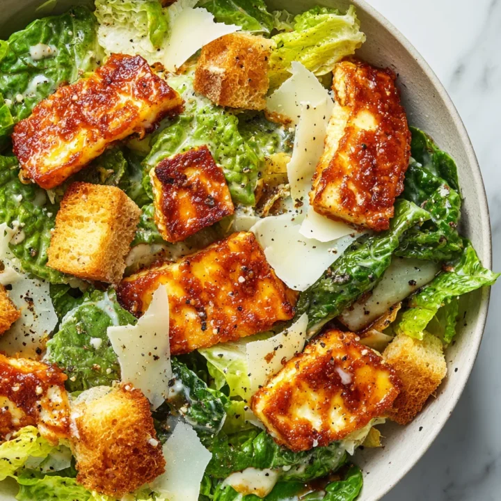 Delicious Halloumi Caesar Salad for Any Occasion A serve of delicious Halloumi Caesar Salad featuring crispy halloumi, fresh romaine, and zesty dressing, appealing for festive or light meals.
