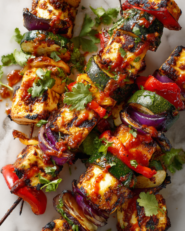 Grilled halloumi kebabs with vibrant vegetables and spicy chilli sauce, perfect appetizer for festive gatherings and a crowd-pleaser.