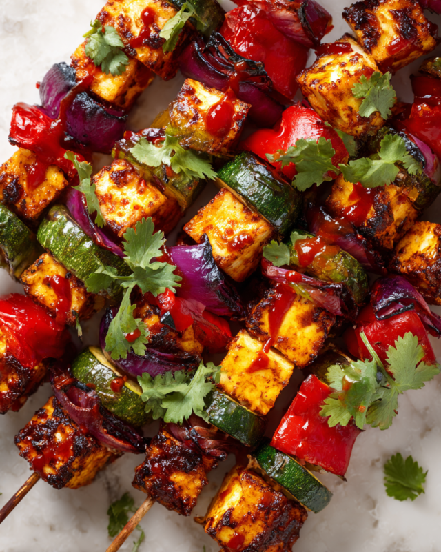 Grilled halloumi kebabs with vibrant vegetables and spicy chilli sauce, perfect appetizer for festive gatherings and a crowd-pleaser.