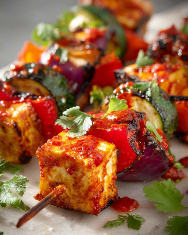Grilled halloumi kebabs with vibrant vegetables and spicy chilli sauce, perfect appetizer for festive gatherings and a crowd-pleaser.