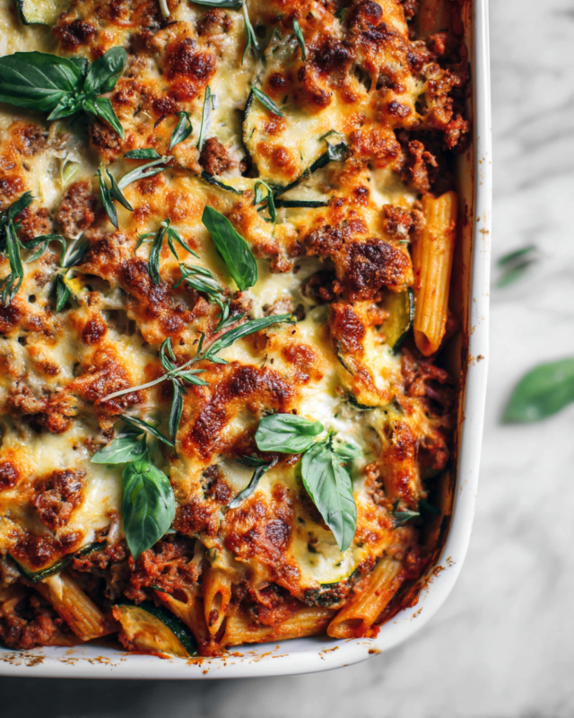 Baked Ziti-Inspired Pasta Bake with wholesome ingredients for a lighter holiday dish.