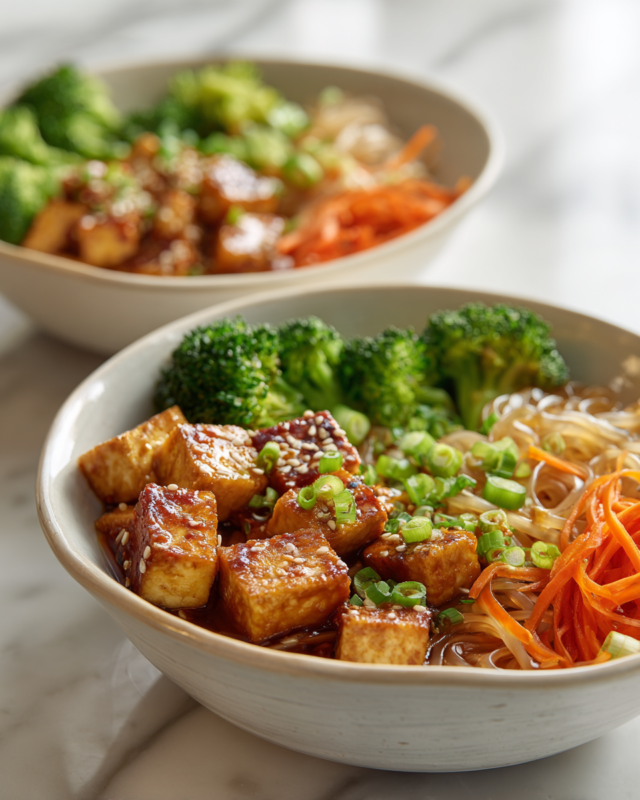 Quick and Nutritious Healthy Noodle Bowls Vibrant Healthy Noodle Bowls with tofu and mixed vegetables for a quick meal.