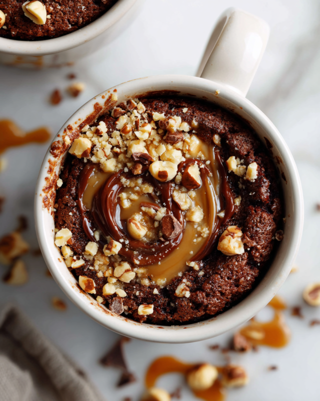 A delicious Kinder Bueno Protein Mug Cake topped with crushed hazelnuts, ready in minutes and perfect for a cozy dessert.