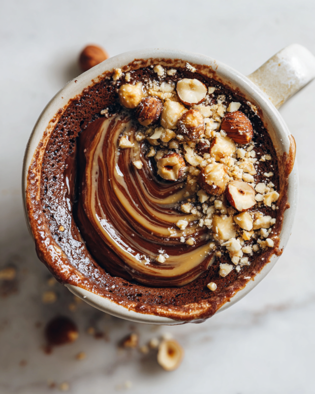 A delicious Kinder Bueno Protein Mug Cake topped with crushed hazelnuts, ready in minutes and perfect for a cozy dessert.