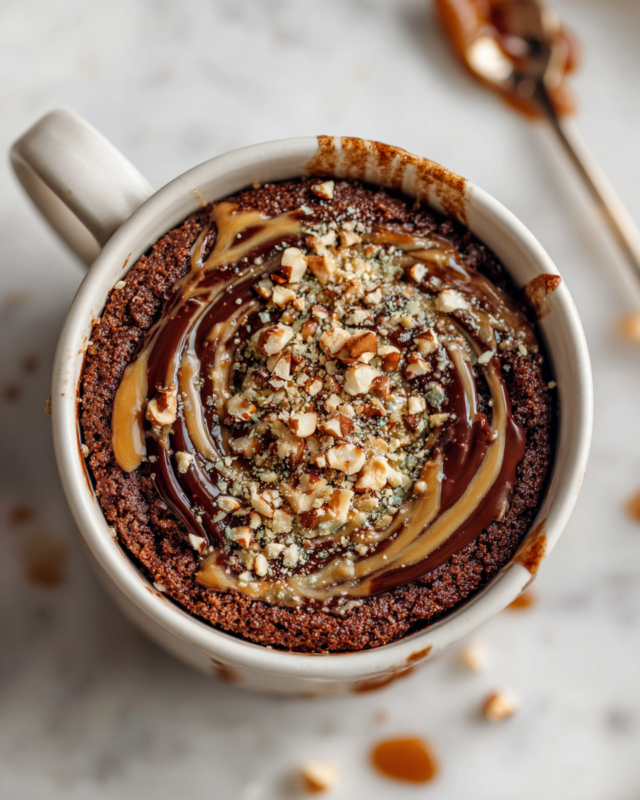 A delicious Kinder Bueno Protein Mug Cake topped with crushed hazelnuts, ready in minutes and perfect for a cozy dessert.