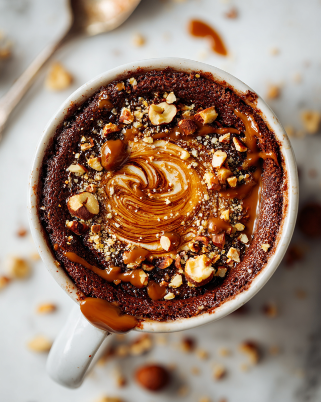 A delicious Kinder Bueno Protein Mug Cake topped with crushed hazelnuts, ready in minutes and perfect for a cozy dessert.