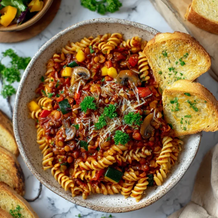Bowl of Loaded Vegetable Lentil Bolognese with fusilli pasta, garnished with parsley, a comforting vegan dish for cold nights.