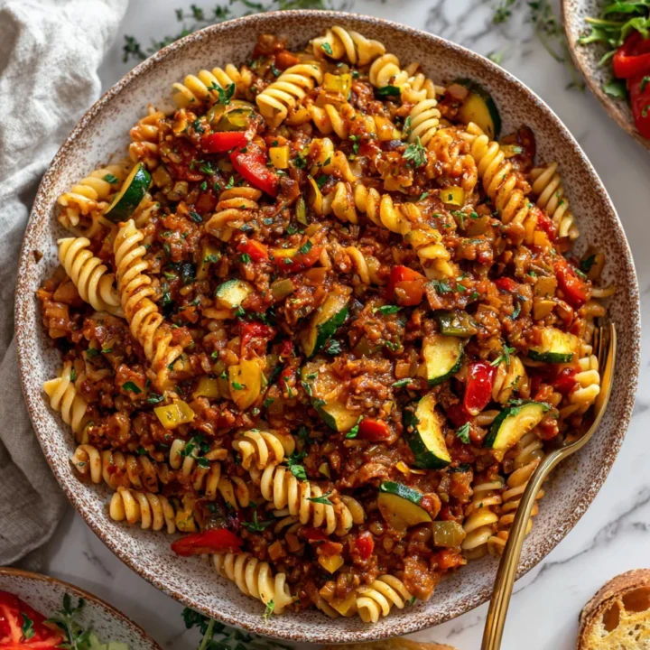 Bowl of Loaded Vegetable Lentil Bolognese with fusilli pasta, garnished with parsley, a comforting vegan dish for cold nights.