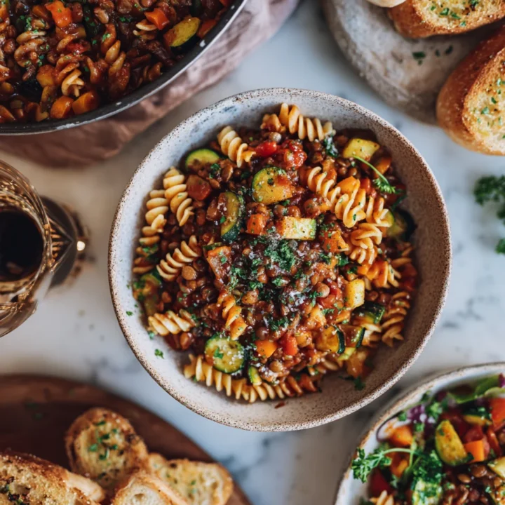 Bowl of Loaded Vegetable Lentil Bolognese with fusilli pasta, garnished with parsley, a comforting vegan dish for cold nights.