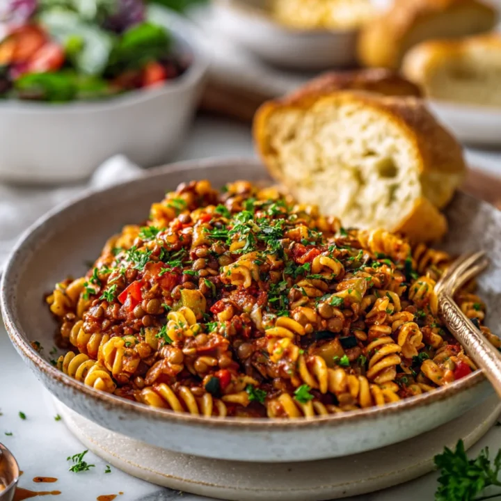Bowl of Loaded Vegetable Lentil Bolognese with fusilli pasta, garnished with parsley, a comforting vegan dish for cold nights.